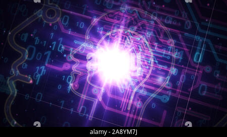 Artificial Intelligence futuristic light sign 3D rendering illustration. Concept of AI, cyber technology, machine learning and cybernetic brain. Abstr Stock Photo