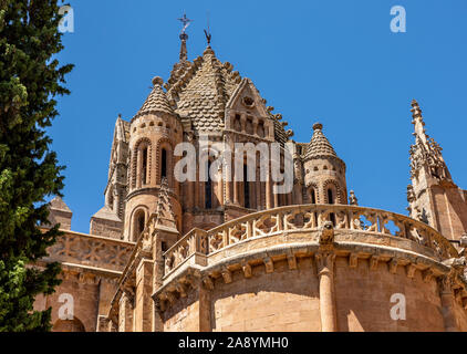 Ornate carvings and bell tower of the Old Cathedral in Salamanca Stock Photo