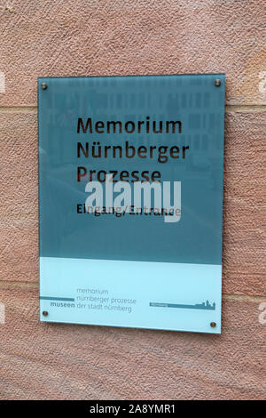 Nuremberg, Germany - October 23rd 2019: A sign at the entrance to the Memorium Nurnberger Prozesse - the Memorial to the Nuremberg Trials in the city Stock Photo