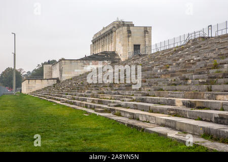 Nuremberg, Germany - October 24th 2019: Remains of the Zeppelinfeld grandstand in Nuremberg, Germany. It is the grandstand from which Adolf Hitler mad Stock Photo