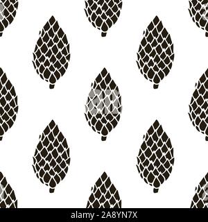 Seamless pattern with hand drawn doodle pine and fir conifer cones. Vector winter decoration with brown illustration on white background. New Year and Stock Vector
