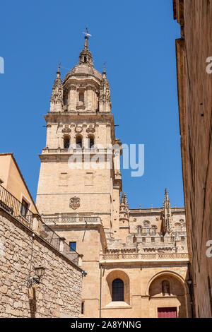 Exterior view of the bell tower and carvings on the roof of the old Cathedral in Salamanca Stock Photo