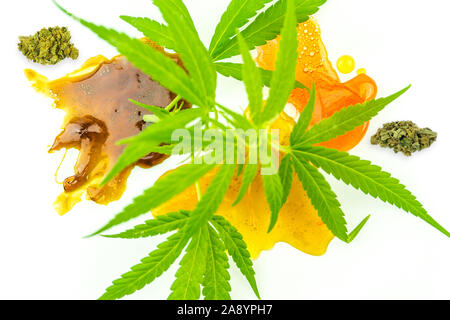 Various Cannabis CBD and THC Shatter rosin extracts with Hemp flowers and leaves, isolated on white Stock Photo