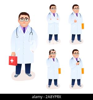 Male flat doctor character set isolated on white background. Young man design in white coat uniform with cell phone, medical research, ok gesture, fir Stock Vector