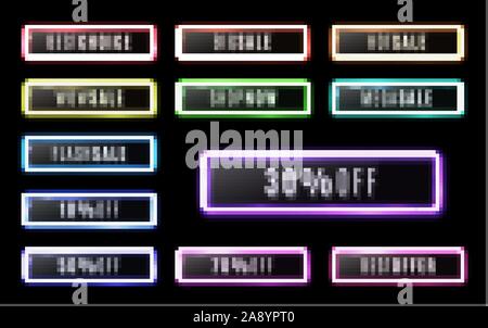 Best choice, Big sale, Shop now, Hot, Wow, Mega, Flash sale. Neon buttons set on black background for web internet mobile app. Color glowing glass ban Stock Vector