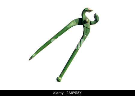 Old, classic metal pincers in green, isolated on a white background with a clipping path. Stock Photo