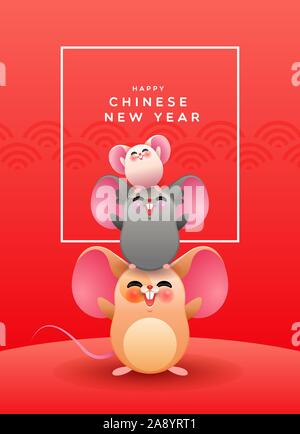 Happy Chinese New Year of the rat 2020 greeting card illustration. Funny mouse cartoon friends or cute family on traditional red background. Stock Vector