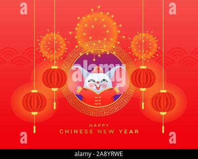 Chinese New Year of the rat 2020 greeting card illustration. Happy cute mouse cartoon in traditional china costume with gold fireworks and asian lante Stock Vector