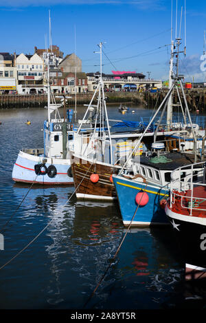 Fishing boats moored in Bridlington Harbour Stock Photo