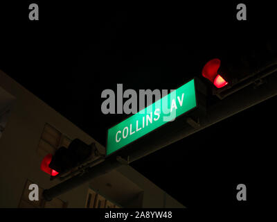 Illuminated street sign of famous Collins Avenue, Miami, Florida, USA Stock Photo