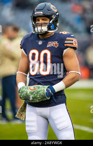 Chicago, Illinois, USA. 10th Nov, 2019. - Bears #80 Trey Burton warms up before the NFL Game between the Detroit Lions and Chicago Bears at Soldier Field in Chicago, IL. Photographer: Mike Wulf. Credit: csm/Alamy Live News Stock Photo