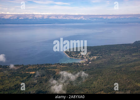 Aerial View of Gillies Bay on Texada Island, British Columbia, Canada. Taken during a hazy summer morning. Stock Photo