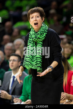 South Bend, Indiana, USA. 11th Nov, 2019. Notre Dame head coach Muffet McGraw during NCAA Basketball game action between the Tennessee Lady Volunteers and the Notre Dame Fighting Irish at Purcell Pavilion at the Joyce Center in South Bend, Indiana. Tennessee defeated Notre Dame 74-63. John Mersits/CSM/Alamy Live News Stock Photo