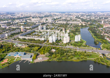 MINSK, BELARUS - SEPTEMBER 07, 2019: Aerial panoramic view of Minsk residential districts. Birds eye view photo Stock Photo
