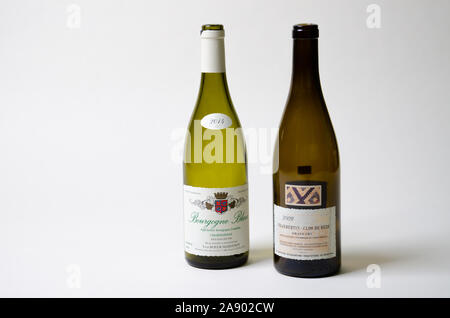 Two bottles of wine red and white in studio Stock Photo
