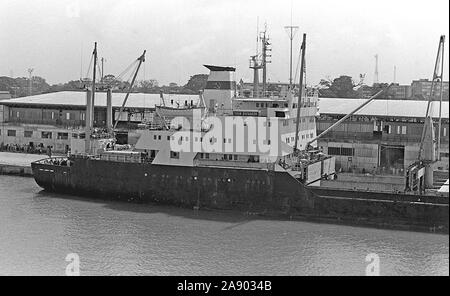1979 - A starboard beam view of the Soviet cargo ship Ivan Rusakov in port during exercise Unitas XX. Stock Photo