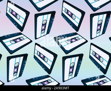 Compact cassette seamless pattern with floating or flying tape in vaporwave style Stock Vector