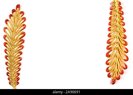 Christmas tree branches decoration on a white background, free copy space in the middle, isolated Stock Photo