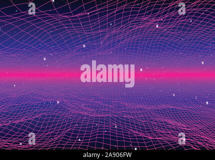 Retro neon background with 80s styled laser grid and stars Stock Vector