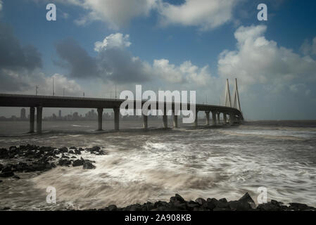 Bandra-Worli Sealink Bridge seen from Bandstand,Bandra,Mumbai,Maharashtra,India Stock Photo