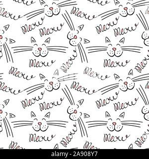 Seamless pattern with meow lettering and cat face. Black hand drawing with pink details on white background. Vector illustration. Stock Vector