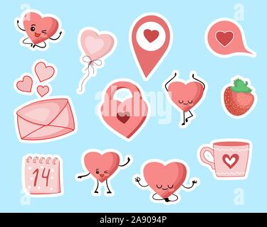 Valentine's Day stickers. Heart, castle, cup, cloud, love. Stock Vector