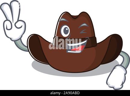 Cheerful on cowboy hat two finger cartoon character Stock Vector