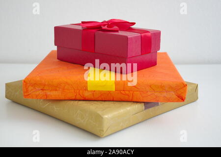 Presents for holiday concept - gift boxes on white background Stock Photo
