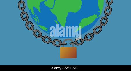 Earth globe with chain and padlock on blue background Stock Vector