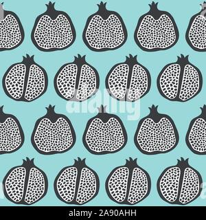 Pomegranate fruit slices seamless pattern background in black and white and aqua. Hand drawn healthy food vector repeat. Stock Vector