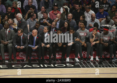 Los Angeles, USA. 11th Nov, 2019. Toronto Raptors guard Kyle Lowry (7) in street clothes on the bench for the Toronto Raptors vs Los Angeles Clippers at Staples Center on November 11, 2019. (Photo by Jevone Moore) Credit: Cal Sport Media/Alamy Live News Stock Photo