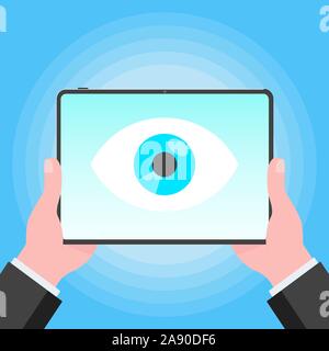 Big brother concept. Hands holding stablet pc spying with big eye on the screen isolated on light blue background flat style design vector illustratio Stock Vector