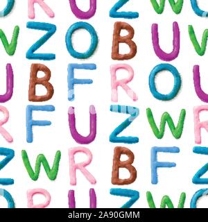 Seamless pattern with alphabet. Handmade modeling clay letters. Realistic 3d vector lettering background. Stock Vector