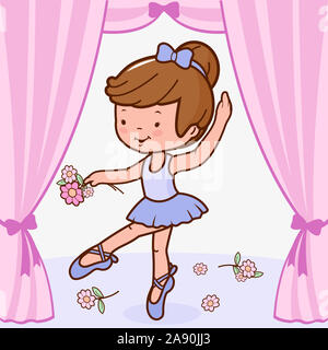 A cute ballerina dancer girl, dancing on stage and holding flowers. Stock Photo