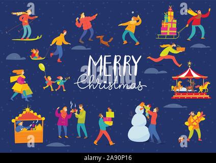 Night style vector Merry Christmas winter design for holiday with people doing winter activities. Stock Vector