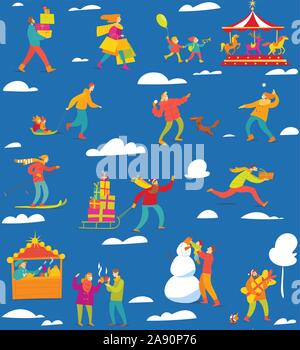 Winter seamless pattern with flat style people for Christmas Stock Vector