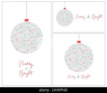 Set of 3 Banners with Merry and Bright Calligraphy Script Words, Bauble of Hand-Drawn Doodle Swirls, Winter Holiday Foliage on White Background. Chris Stock Vector