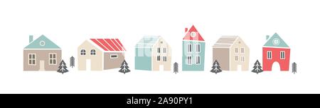 Cute sbanner with houses in Scandinavian, Nordic style. Pretty background for kids collection. illustration. Trendy style Stock Vector