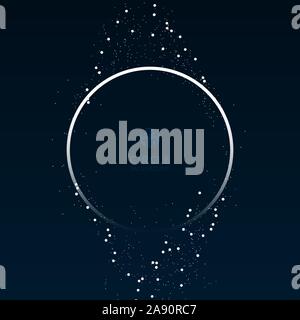 Circle white frame galaxy and space concept with particles on dark blue background. Circular ring light shining glowing sparkle effect dust explosion. Stock Vector