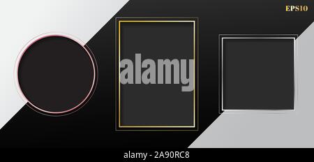 Set of blank gray geometric rectangle, square, circle frame golden, pink gold, silver border on white and black striped background. Vector illustratio Stock Vector