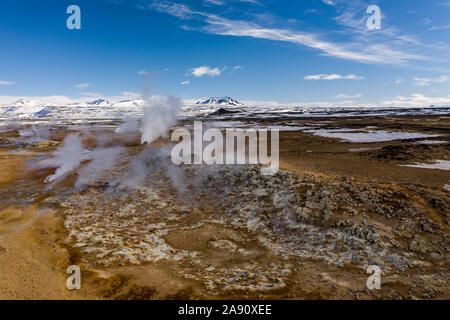 Aerial view of geothermal springs in the location of Hverir. Iceland in early spring Stock Photo