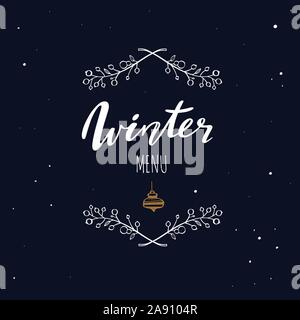 Winter menu handwritten Calligraphy, emlem, logo with rustic decoration. Merry christmas and New Year vintage symbol Stock Vector