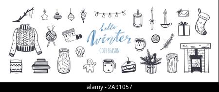 Hello Winter and Merry Christmas vector hand drawn set. New year holiday congratulation. Cozy vintage styled collection. Fireplace, christmas tree, de Stock Vector