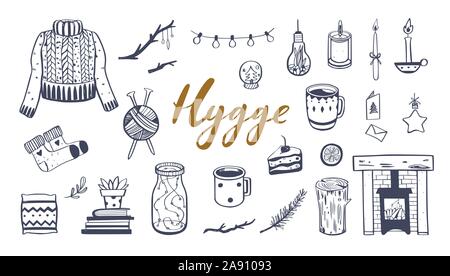 Danish lifestyle concept- Hygge. Vector hand drawn illustrations . Cozy elements for Winter season. Fireplace, candles, cacao and other hygge attribut Stock Vector