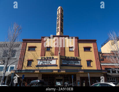 The old Tower Theater on Wall Street in Bend, Oregon, a 1940s movie theater turned into a music and live theater spot. Stock Photo
