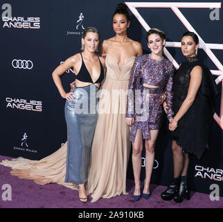 WESTWOOD, LOS ANGELES, CALIFORNIA, USA - NOVEMBER 11: Elizabeth Banks, Ella Balinska, Kristen Stewart and Naomi Scott arrive at the Los Angeles Premiere Of Columbia Pictures' 'Charlie's Angels' held at the Westwood Regency Theater on November 11, 2019 in Westwood, Los Angeles, California, United States. (Photo by Xavier Collin/Image Press Agency) Stock Photo