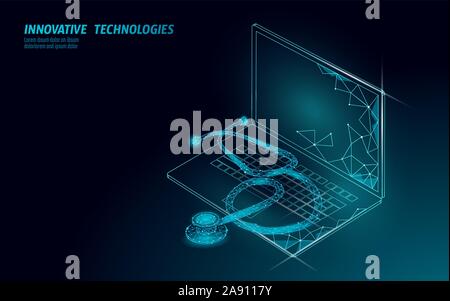 Computer service repair help business concept. Fatal computer system crash stethoscope. Software error bug data lost. 3D laptop virus attack Stock Vector
