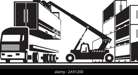 Forklift loading truck with cargo container - vector illustration Stock Vector