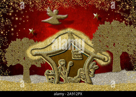 Funny Nativity Scene Christmas card. Hand drawing with golden glitter brushes of a funny and extravagant Nativity Scene, trees and  Angel on a red pap Stock Photo