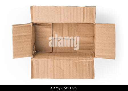 Rough open cardboard box top view. Isolated on white, clipping path included Stock Photo